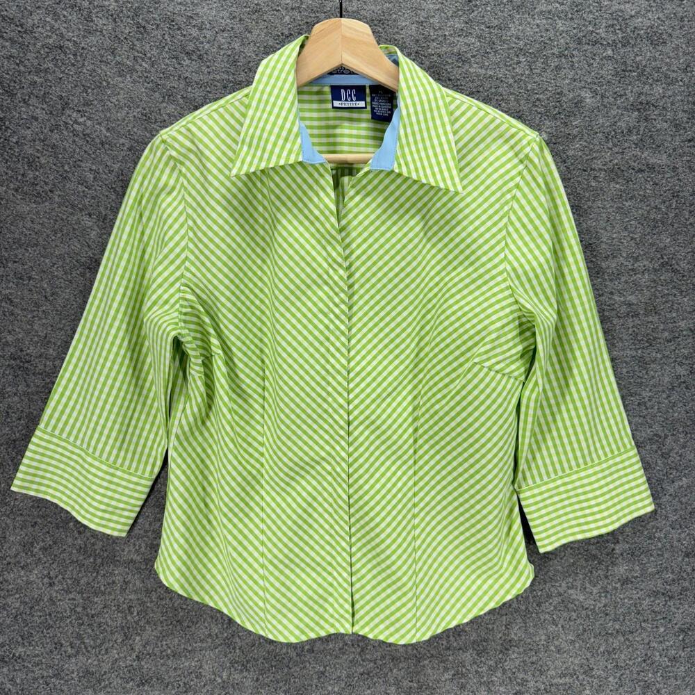 DCC Shirt Women PL Petite Greeb Plaid Button Up Collared 3/4 Sleeve Stretch